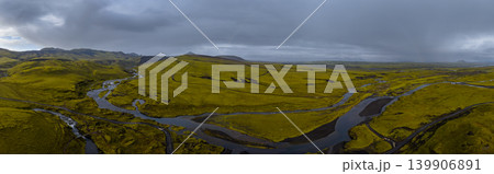 Aerial View of Moss Covered Hills and Rivers in Iceland Aerial View of Moss Covered Hills and Rivers in Iceland 139906891