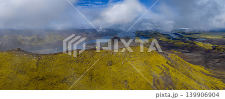 Aerial View of Iceland's Volcanic Ridge with Hikers and Rivers Aerial View of Iceland's Volcanic Ridge with Hikers and Rivers 139906904