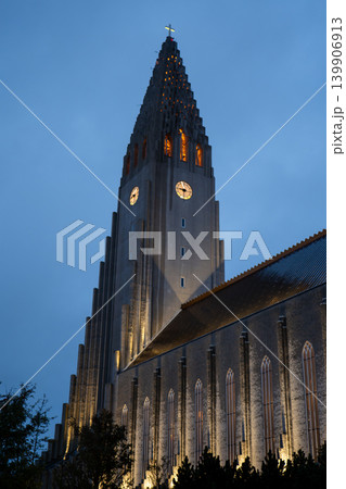 Hallgrimskirkja Church Spire and Clock Faces at Dusk in Reykjavik 139906913
