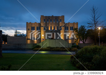 Art Deco Building Illuminated at Twilight in Iceland Art Deco Building Illuminated at Twilight in Iceland 139906924