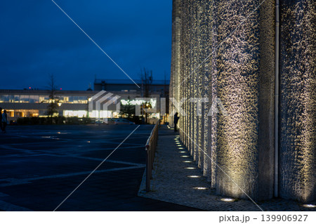 Textured Concrete Wall with Ground Lights in Urban Iceland Setting 139906927