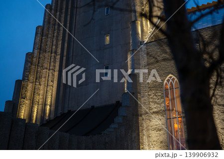 Hallgrimskirkja Facade with Tree Framing in Reykjavik, Iceland 139906932