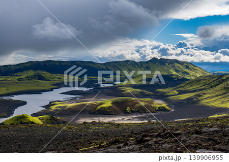 Winding River Amid Moss Covered Hills and Volcanic Terrain in Iceland Winding River Amid Moss Covered Hills and Volcanic Terrain in Iceland 139906955