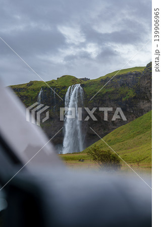 Seljalandsfoss Waterfall Framed by Car Window in Iceland Seljalandsfoss Waterfall Framed by Car Window in Iceland 139906965