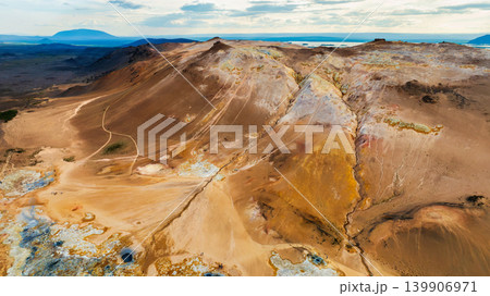 Aerial view of Hverir Namafjall near Lake Myvatn, northern Iceland Aerial view of Hverir Namafjall near Lake Myvatn, northern Iceland 139906971