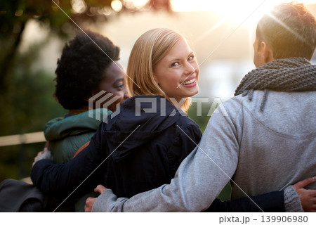 University, friends and portrait with hug or happy for bonding, relax and break on campus with diversity. College, people and smile with embrace for support, education and learning fun with rear view University, friends and portrait with hug or happy for bonding, relax and break on campus with diversity. College, people and smile with embrace for support, education and learning fun with rear view 139906980