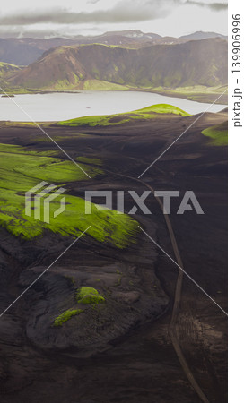 Aerial View of Volcanic Landscape with Moss Covered Hills in Iceland Aerial View of Volcanic Landscape with Moss Covered Hills in Iceland 139906996