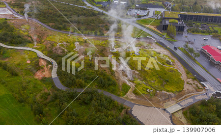 Aerial View of Geothermal Area with Steaming Vents in Iceland Aerial View of Geothermal Area with Steaming Vents in Iceland 139907006