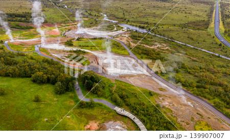 Aerial View of Geothermal Area with Geysers and Hot Springs in Iceland Aerial View of Geothermal Area with Geysers and Hot Springs in Iceland 139907007