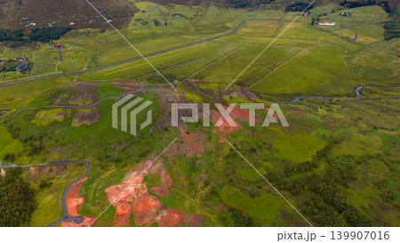 Aerial View of Volcanic Hill and Rural Landscape in Iceland 139907016