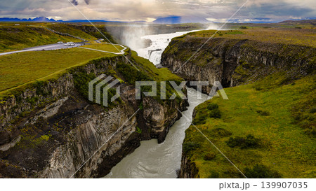 Aerial View of Gullfoss Waterfall and Surrounding Canyon in Iceland 139907035