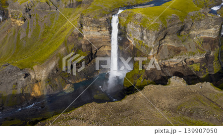 Aerial View of Haifoss Waterfall and Surrounding Canyon in Iceland Aerial View of Haifoss Waterfall and Surrounding Canyon in Iceland 139907050
