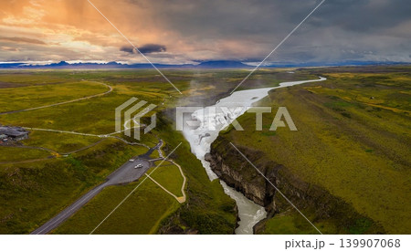 Aerial View of Gullfoss Waterfall and Hvita River in Iceland 139907068