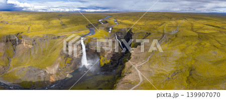 Aerial View of Haifoss Waterfall and Surrounding Volcanic Canyon 139907070