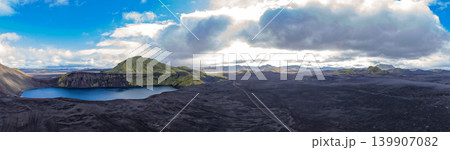 Aerial View of Volcanic Crater Lake and Moss Covered Slopes in Iceland Aerial View of Volcanic Crater Lake and Moss Covered Slopes in Iceland 139907082