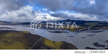 Aerial View of Braided Rivers and Volcanic Plains in Iceland 139907083