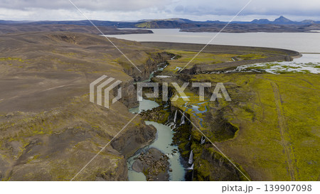 Aerial View of Icelandic Canyon with Waterfalls and Winding River Aerial View of Icelandic Canyon with Waterfalls and Winding River 139907098
