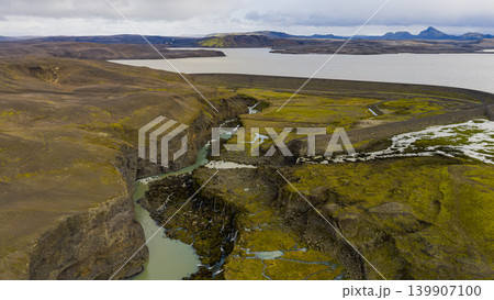 Aerial View of Icelandic Canyon with River and Moss Covered Terrain Aerial View of Icelandic Canyon with River and Moss Covered Terrain 139907100
