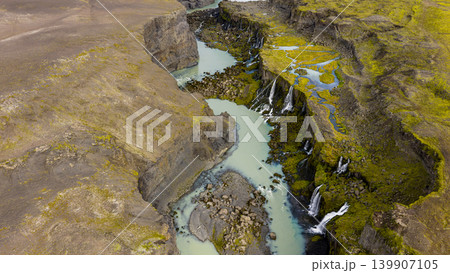 Aerial View of Icelandic Canyon with River and Waterfalls Aerial View of Icelandic Canyon with River and Waterfalls 139907105