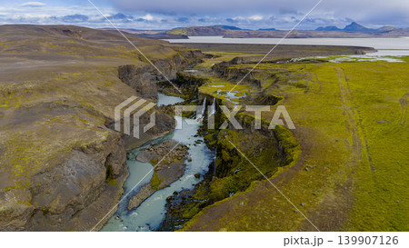 Aerial View of Icelandic Canyon with Waterfalls and Winding River Aerial View of Icelandic Canyon with Waterfalls and Winding River 139907126