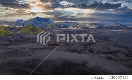 Aerial View of Iceland's Volcanic Landscape with Mountain Range Aerial View of Iceland's Volcanic Landscape with Mountain Range 139907133