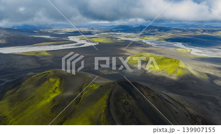 Aerial View of Iceland's Volcanic Landscape with Rivers and Moss Aerial View of Iceland's Volcanic Landscape with Rivers and Moss 139907155