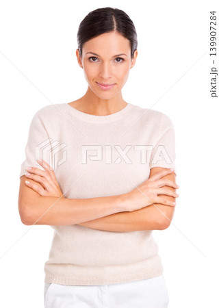 Business woman, portrait and pride in studio, smile and ambition for career on white background. Female person, confidence and happy for startup company, entrepreneur and positive for opportunity Business woman, portrait and pride in studio, smile and ambition for career on white background. Female person, confidence and happy for startup company, entrepreneur and positive for opportunity 139907284