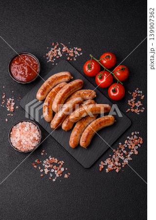 Grilled or barbecued chicken sausages for the dinner table. Grilled sausages Grilled or barbecued chicken sausages for the dinner table. Grilled sausages 139907362