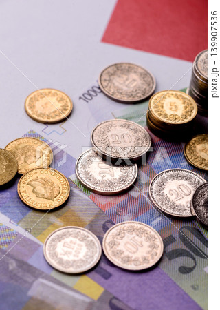 Switzerland, Swiss franc paper money and coins, financing and commodity exchange. Swiss currency Switzerland, Swiss franc paper money and coins, financing and commodity exchange. Swiss currency 139907536