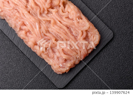 Raw fresh ground chicken, turkey, or pork for burgers or meatballs. Raw ground chicken 139907624