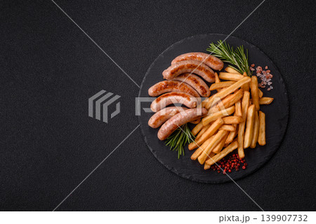 Grilled pork or chicken sausages, smoked fried food with salt and spices. Grilled sausages 139907732