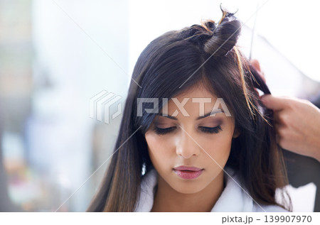 Model, woman and hairdresser at salon for beauty, hair stylist and behind the scenes with makeup and cosmetics. Person, beautician and haircare with hairstyle, relax and backstage while getting ready 139907970