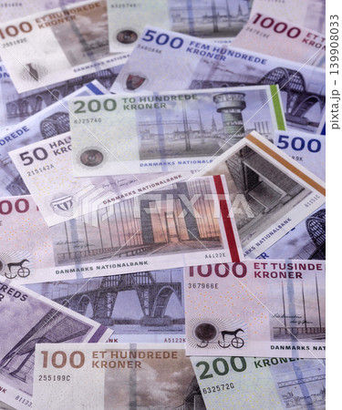 Money, currency of Denmark, Danish krone banknotes. Denmark, Danish money Money, currency of Denmark, Danish krone banknotes. Denmark, Danish money 139908033