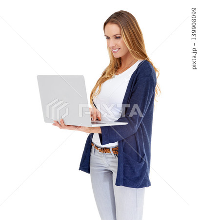 Woman, smile and studio with computer search for website, social network and connection. Female person, information technology and streaming media, internet and browsing online with white background 139908099