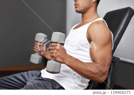 Closeup, dumbbells and man with fitness, exercise and strength training with progress and challenge. Bodybuilder, gym and person with gym equipment and muscle with workout, wellness center and power Closeup, dumbbells and man with fitness, exercise and strength training with progress and challenge. Bodybuilder, gym and person with gym equipment and muscle with workout, wellness center and power 139908275