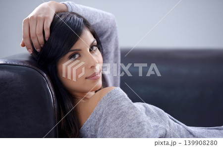 Hair, woman relax on sofa and portrait for beauty in studio, cosmetology and makeup isolated on white background. Haircare, wellness and cosmetic care, salon or keratin treatment for growth and shine Hair, woman relax on sofa and portrait for beauty in studio, cosmetology and makeup isolated on white background. Haircare, wellness and cosmetic care, salon or keratin treatment for growth and shine 139908280