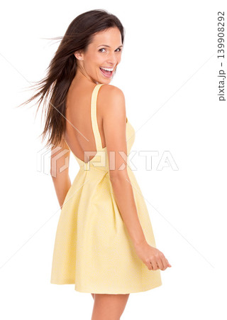 Woman, portrait and wind for fashion in studio, smiling and pride for stylish clothing. Happy female person, hair and summer dress on white background, breeze and satisfaction for trendy outfit Woman, portrait and wind for fashion in studio, smiling and pride for stylish clothing. Happy female person, hair and summer dress on white background, breeze and satisfaction for trendy outfit 139908292