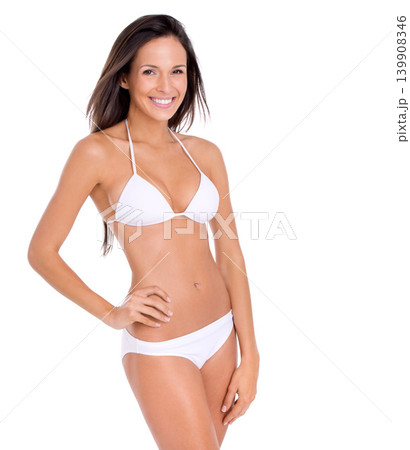 Happy, model and portrait in bikini on studio, white background and mock up with fashion. Swimwear, woman and girl in underwear with confidence for summer, vacation or style for holiday and happiness Happy, model and portrait in bikini on studio, white background and mock up with fashion. Swimwear, woman and girl in underwear with confidence for summer, vacation or style for holiday and happiness 139908346