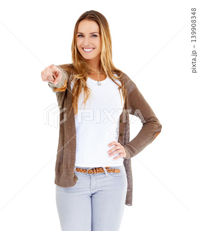 Woman, portrait and pointing to you or pick in studio, selection and finger for showing. Female person, direction and guide on white background, smiling and pride for decision or choosing by icon 139908348