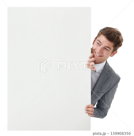 Businessman, studio and happy with billboard for information and company announcement for marketing. Entrepreneur, hiding and smile by banner for advertising and poster mockup by white background Businessman, studio and happy with billboard for information and company announcement for marketing. Entrepreneur, hiding and smile by banner for advertising and poster mockup by white background 139908350