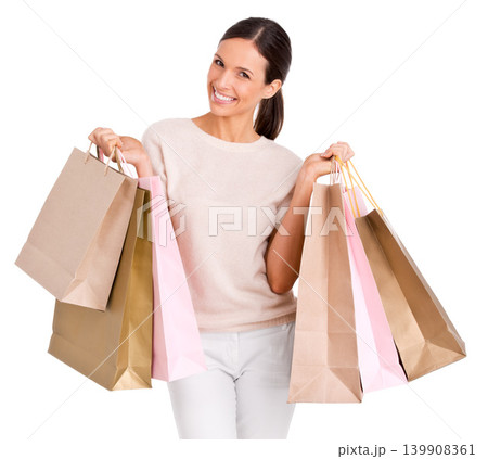 Fashion, shopping and portrait of woman on a white background with bag for sale, discount and deal. Excited, happy customer and isolated person for retail products, consumerism and purchase in studio Fashion, shopping and portrait of woman on a white background with bag for sale, discount and deal. Excited, happy customer and isolated person for retail products, consumerism and purchase in studio 139908361