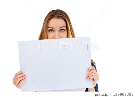 Studio, blank sign and portrait of woman in presentation for deal, promo or happy news mockup. Signage space, offer and girl with announcement, discount or info on cardboard with white background. Studio, blank sign and portrait of woman in presentation for deal, promo or happy news mockup. Signage space, offer and girl with announcement, discount or info on cardboard with white background. 139908385