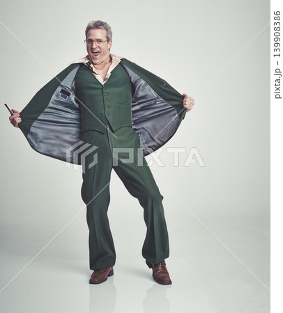 Portrait, senior and happy man in fashion for style or business outfit on a gray studio background. Mature, male person or model posing with smile in formal or green vintage clothing on mockup space 139908386
