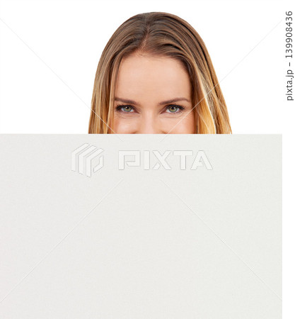 Woman, portrait and poster mockup in studio or announcement sign, information or promotion. Female person, white background and hide face or opportunity offer or placard, presentation or billboard Woman, portrait and poster mockup in studio or announcement sign, information or promotion. Female person, white background and hide face or opportunity offer or placard, presentation or billboard 139908436