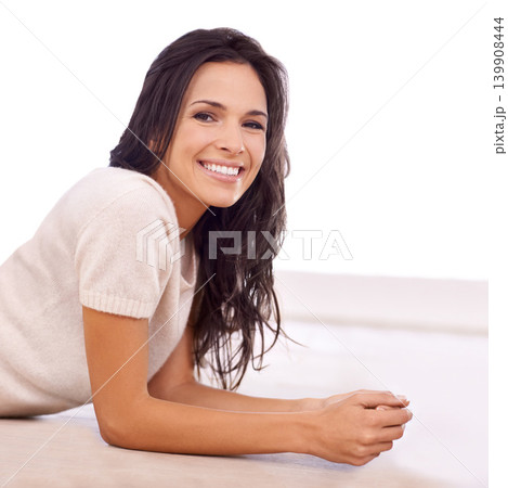 Woman, portrait and smile on floor for relax with leisure, weekend break or confidence in apartment. Person, lying down and face with happiness in home on wooden flooring for fun or freedom in lounge Woman, portrait and smile on floor for relax with leisure, weekend break or confidence in apartment. Person, lying down and face with happiness in home on wooden flooring for fun or freedom in lounge 139908444