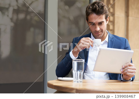 Businessman, tablet and coffee at outdoor cafe for online research or communication, internet or social media. Male person, espresso and city restaurant in Italy for work trip, networking or email Businessman, tablet and coffee at outdoor cafe for online research or communication, internet or social media. Male person, espresso and city restaurant in Italy for work trip, networking or email 139908467