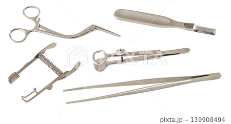 set of various metal surgical instruments isolated on white background set of various metal surgical instruments isolated on white background 139908494