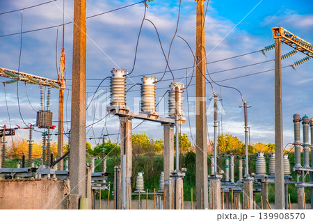 electrical wires and insulators in a high-voltage substation electrical wires and insulators in a high-voltage substation 139908570