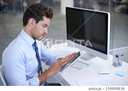 Businessman, office and tablet with desk, research and pc for corporate communication. Man, technology and table with touchscreen, report and workspace for startup or company with accounting career Businessman, office and tablet with desk, research and pc for corporate communication. Man, technology and table with touchscreen, report and workspace for startup or company with accounting career 139908636
