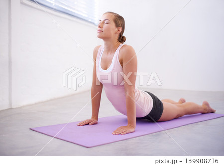 Pilates, pushup and woman with stretching for fitness, natural exercise and balance in home. Workout, yoga and healthy body of girl on mat for morning muscle warm up, wellness and self care mission. 139908716